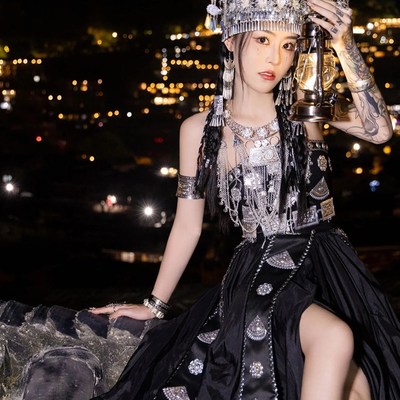 贵州苗族服装哈尼族黑色苗疆少数民族女土家族舞台青野摄影旅拍服