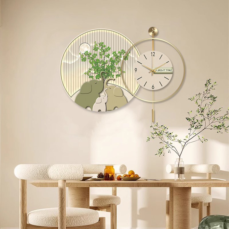 奶油风饭厅装饰画大象绿植钟表组合画饭厅餐桌墙面挂件时钟挂钟画
