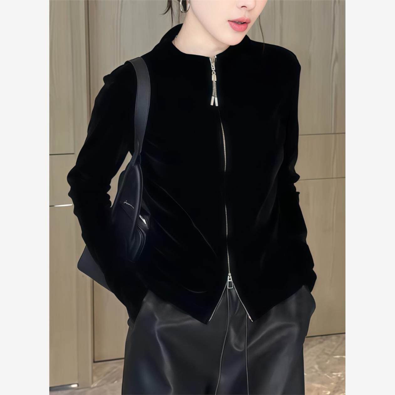 双开拉炼黑色丝绒T恤女2025新款秋季高级感气质长袖开衫修身外套