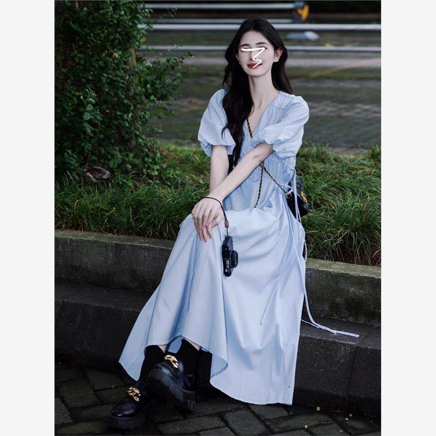 法式茶歇蓝色泡泡袖连衣裙女夏季新款大码胖mm收腰气质超好看长裙