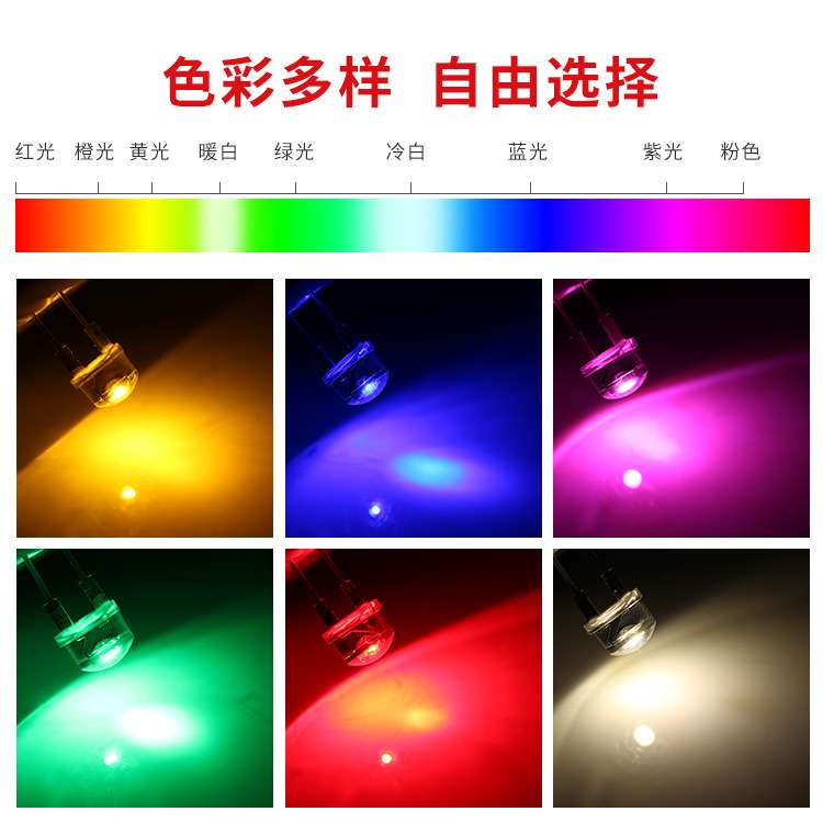 LED发光二极管F8/8mm草帽大支架短脚灯珠白红蓝绿黄光直插LED灯珠