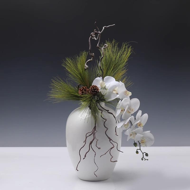 新中式仿真花白色蝴蝶兰绿植盆景摆件样板房电视柜茶室装饰品摆件