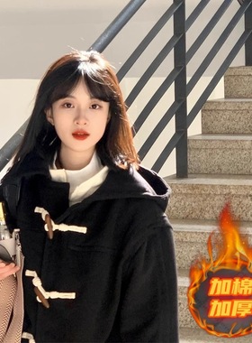 牛角扣黑色毛呢大衣女秋冬2024新款中长款小个子连帽呢子外套加厚