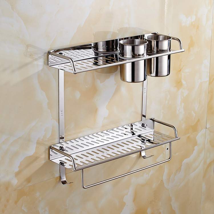 新款SUS304不锈钢双杯双层带毛巾杆浴室置物架304不锈钢更牢固