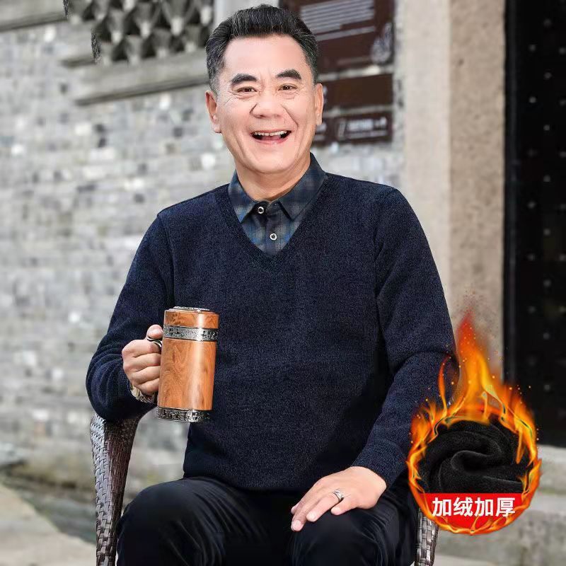 爸爸冬装中老年男式雪尼尔毛衣加绒加厚男士打底衫新款爷爷装上衣