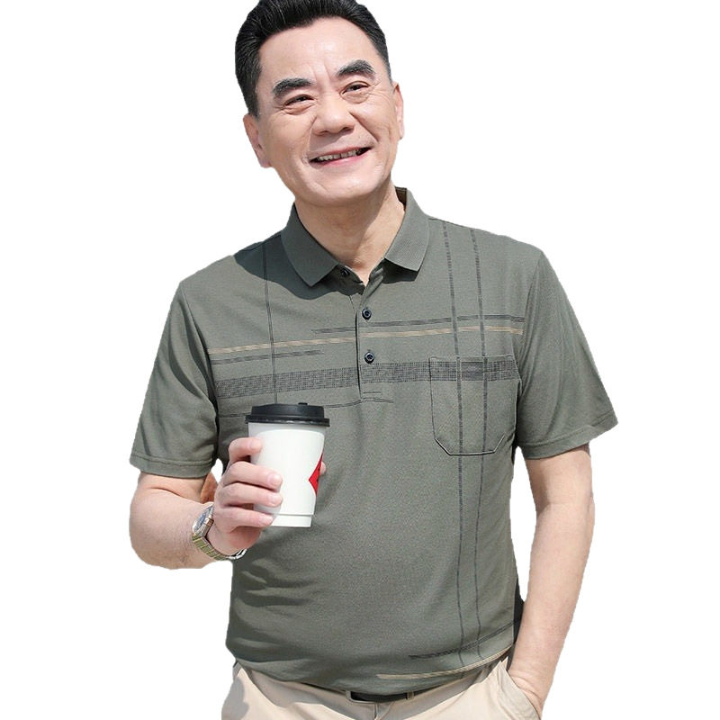 爸爸夏装T恤中年男士短袖t恤丝光棉翻领上衣中老年人衣服爷爷男装
