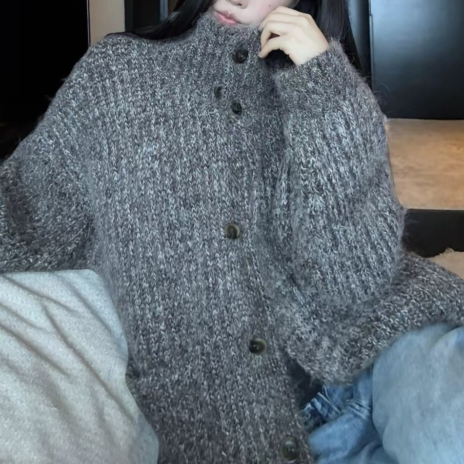 晨间拥抱慵懒松弛感花纱拉毛立领毛衣开衫外套女