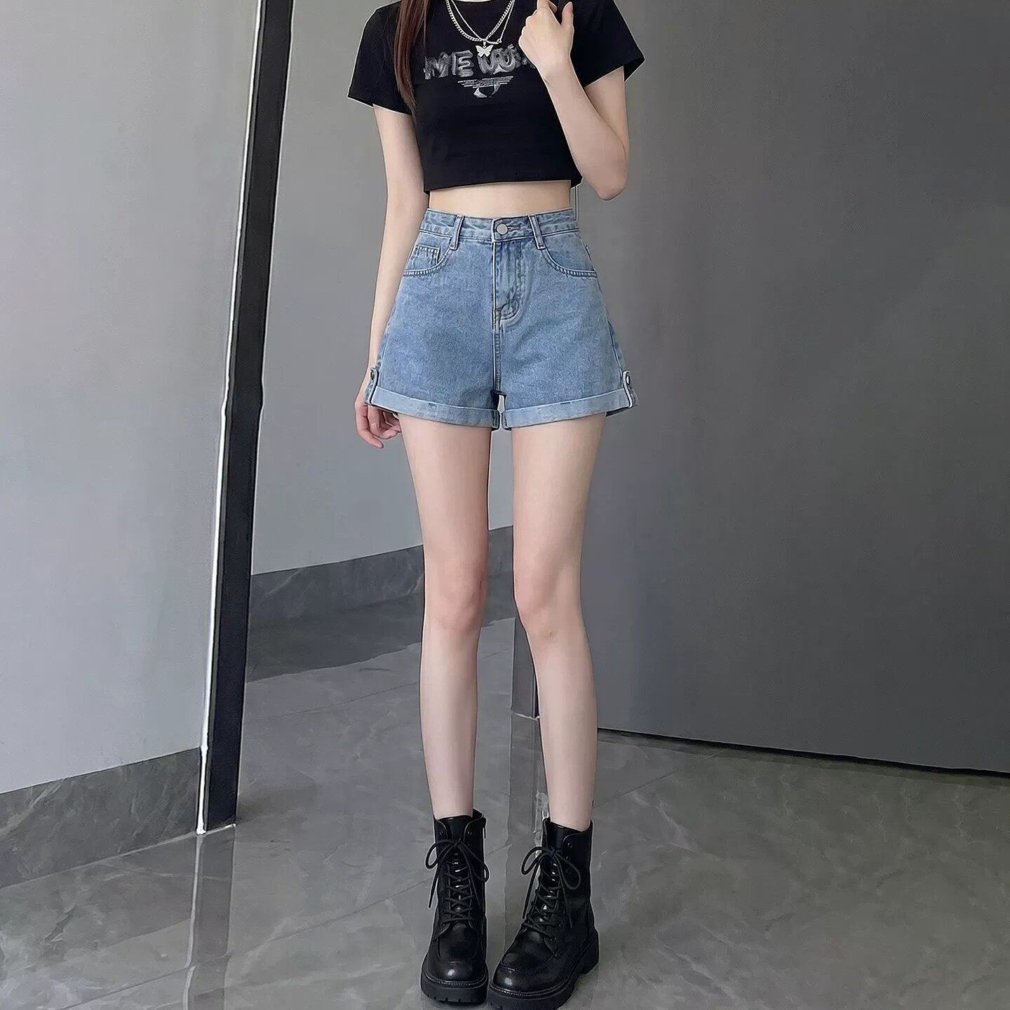 美式牛仔短裤女夏季薄款高腰显瘦宽松学生卷边休闲a字阔腿热裤子
