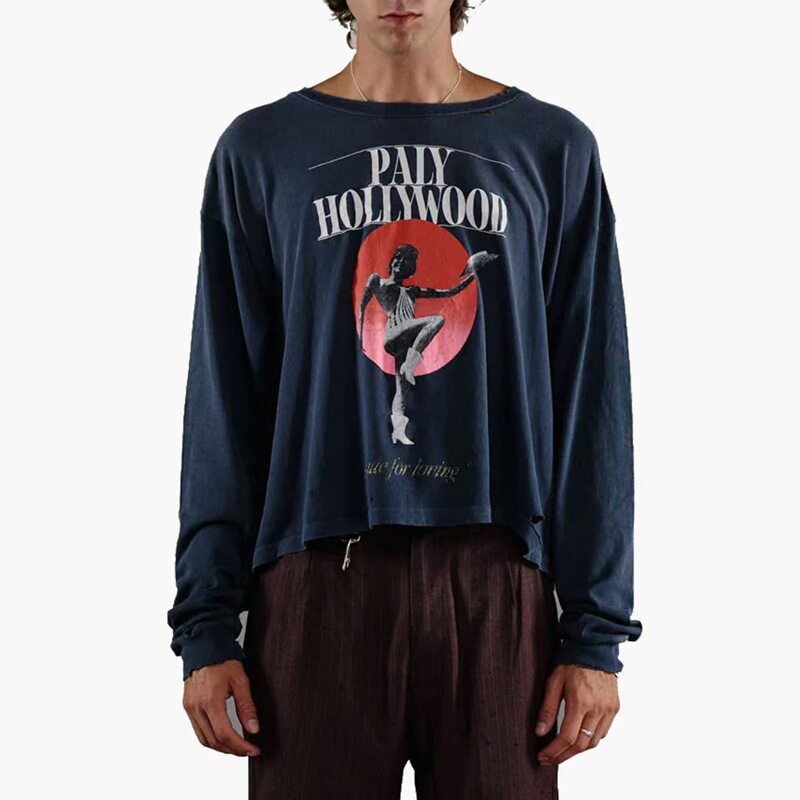 Paly Hollywood 长袖T恤 版型为 oversized 宽松剪裁喷洗做旧处理