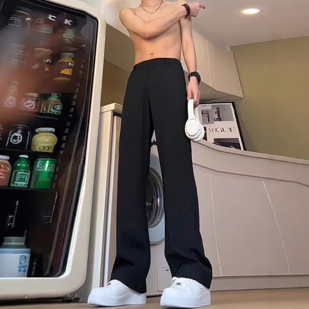 黑色直筒裤子男款秋天高腰显瘦弯刀微喇西裤垂感感休闲西装裤