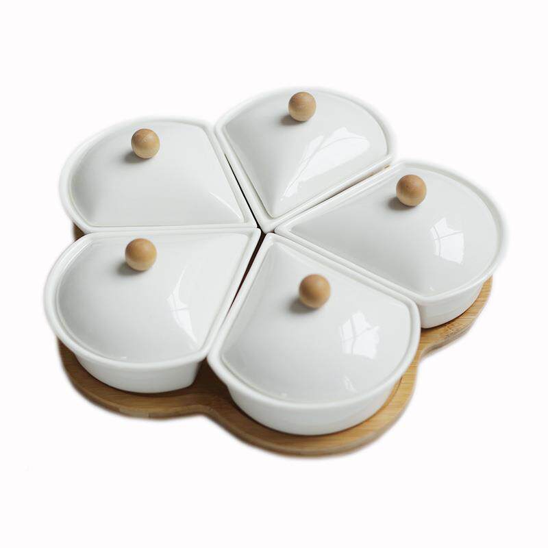 陶带盖瓷组合果盘白色坚果分格陶瓷收纳JXK摆盘家干居饰