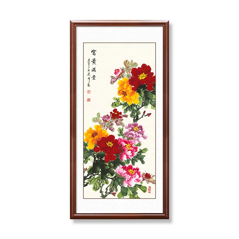 新中式入户玄关装饰画牡丹富贵满堂挂画竖版走廊过道手绘国画招财图片