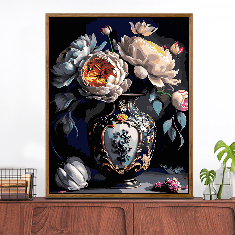 数字油画diy手工填充牡丹花瓶手绘涂色轻奢客厅装饰丙烯油彩画画图片