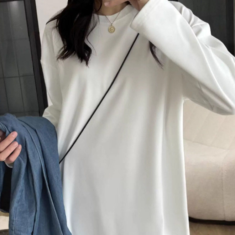 圆领中长款磨毛保暖长袖T恤女装宽松显瘦遮屁股内搭外穿上衣打底