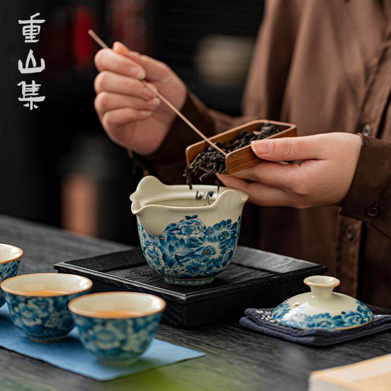 汝窑青花瓷快客杯2026新款旅行茶具套装户外随身一壶三杯