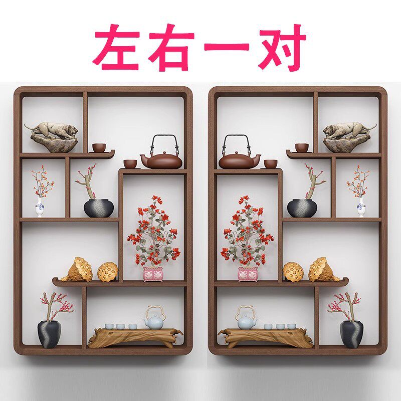 实木格子架茶壶茶杯手办展示架博古架墙上置物架储物架壁挂收纳柜