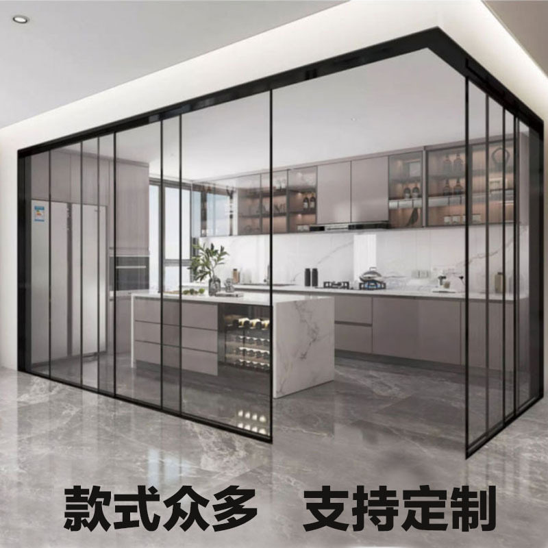 铝合金推拉门三四联动玻璃门吊轨移门地轨厨房门现代简约钢化玻璃
