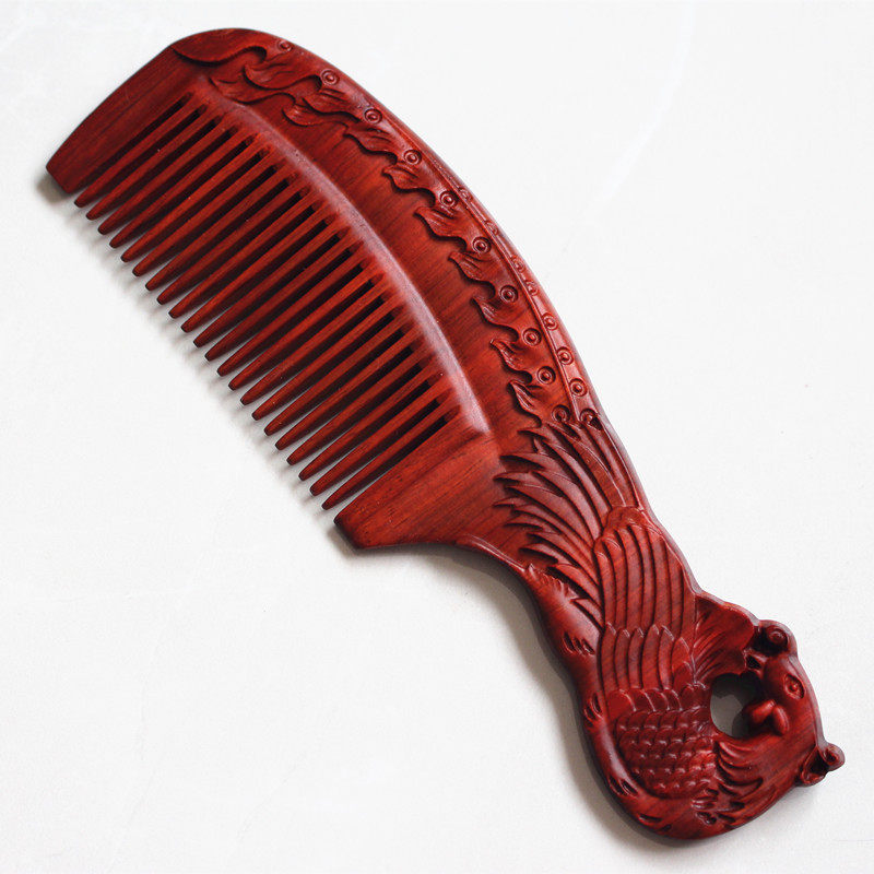 非洲小叶紫檀梳子雕花整木紫檀木质龙凤木梳复古犀角紫檀梳
