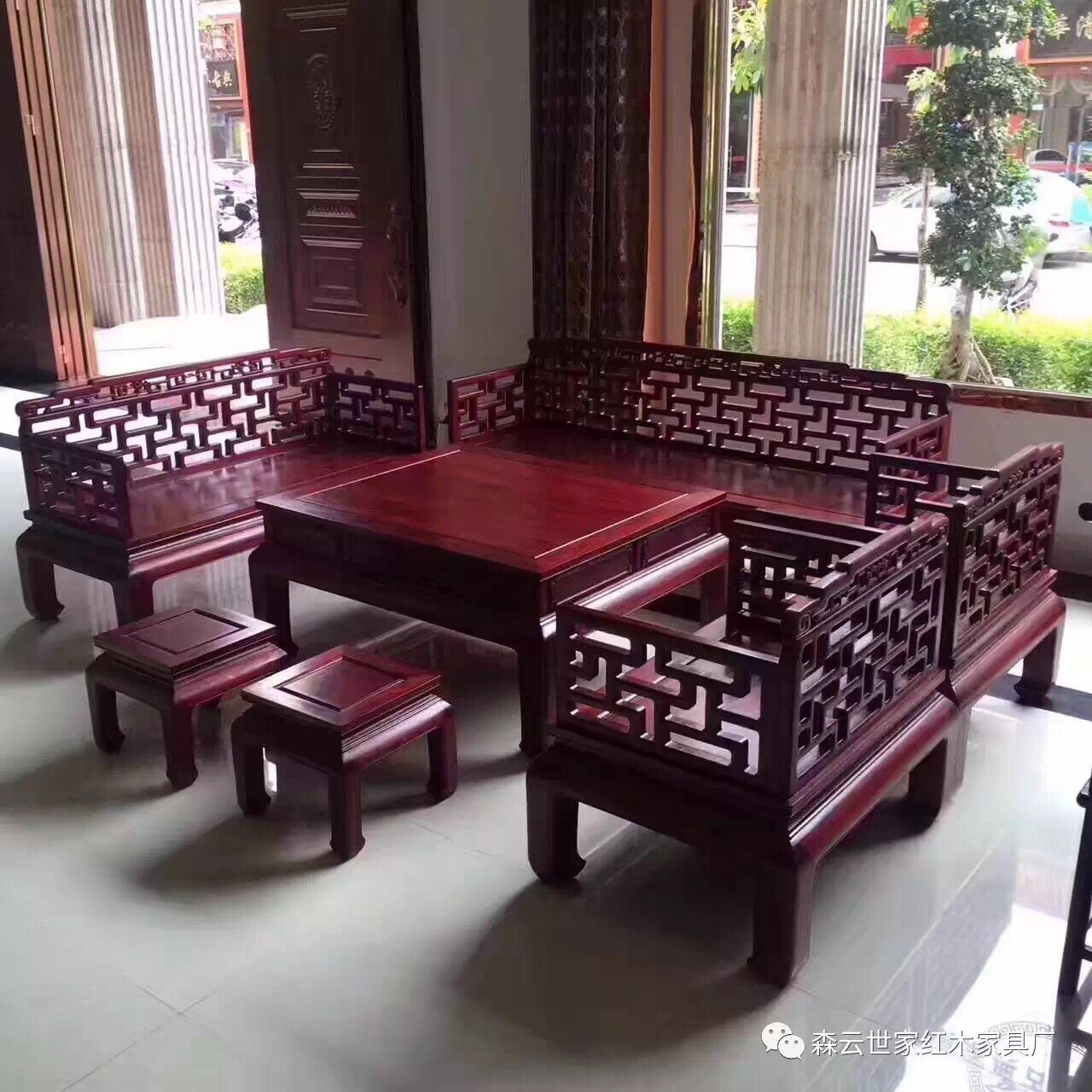赞比亚血檀非洲小叶紫檀七件套曲尺弯腿沙发茶几中式仿古红木家具