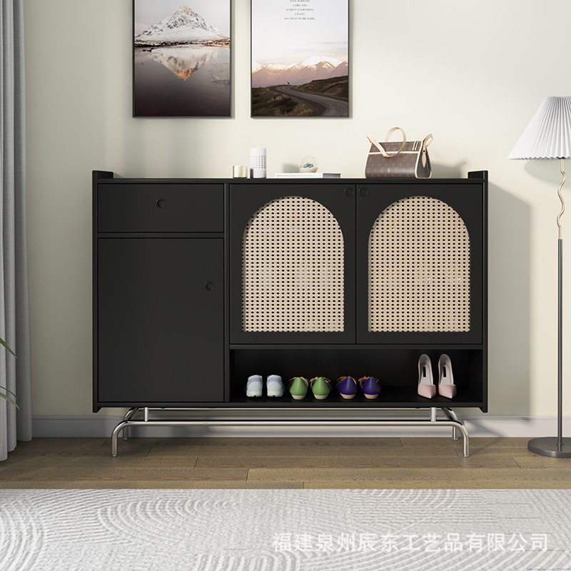 北欧实木藤编鞋柜家用客厅入户玻璃玄关柜公寓简约不锈钢置物靠墙