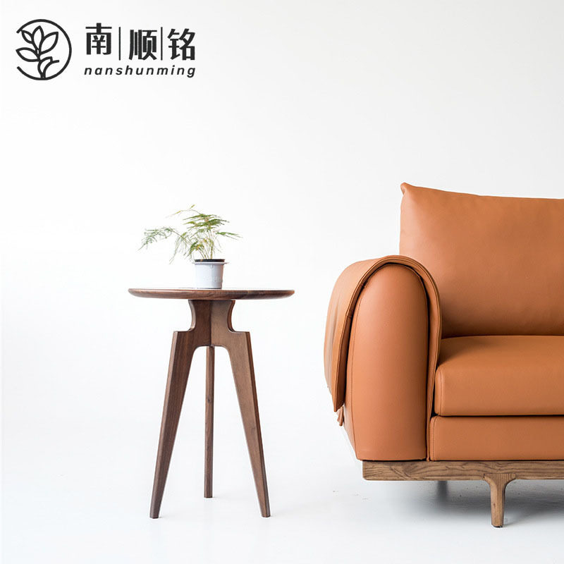 小桌子边茶几现代黑胡桃胡桃边实木创意简约几床桃木圆形几桌子北