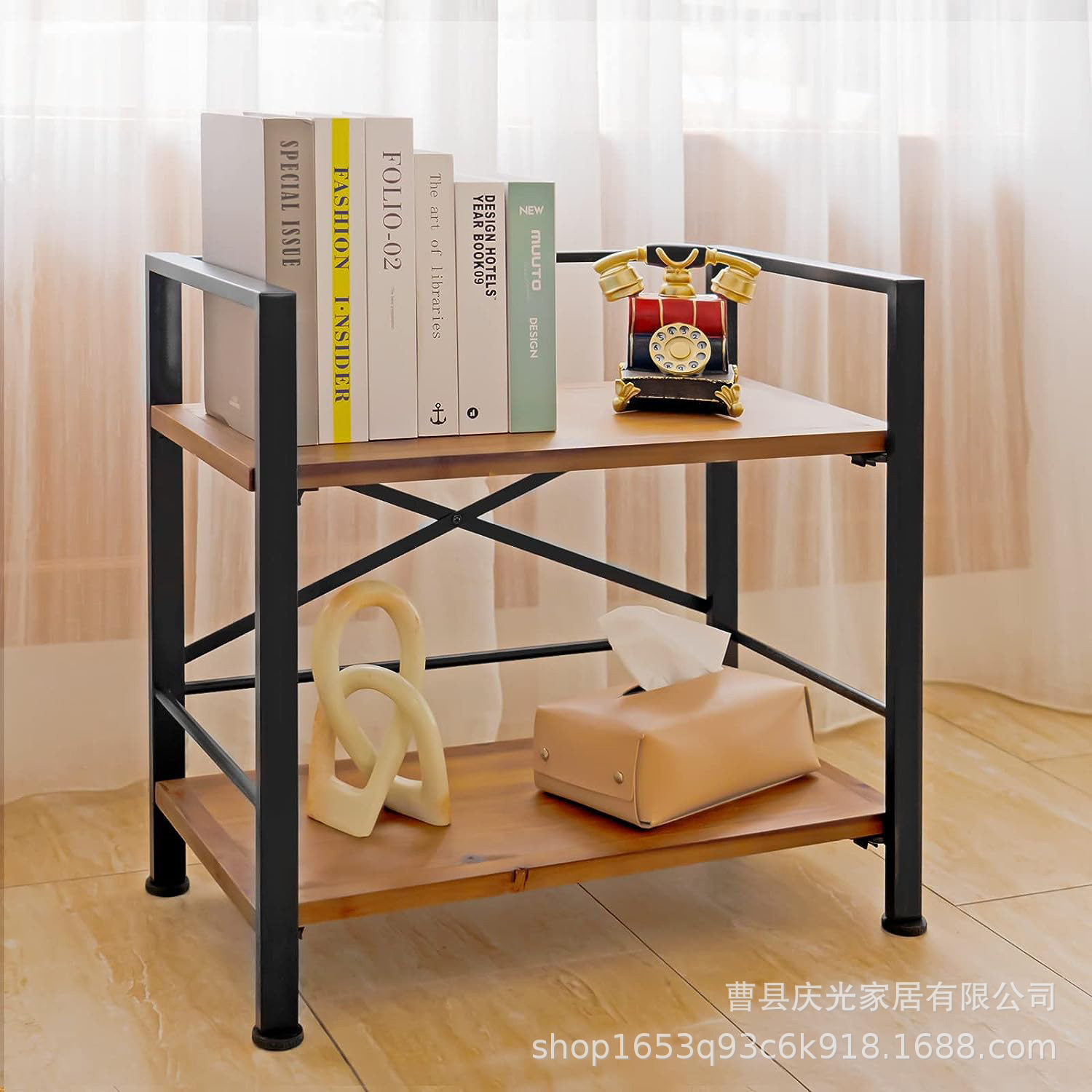 铁艺结合架简约铁艺边几美式钢木收纳置物桌方形多层入户边桌架