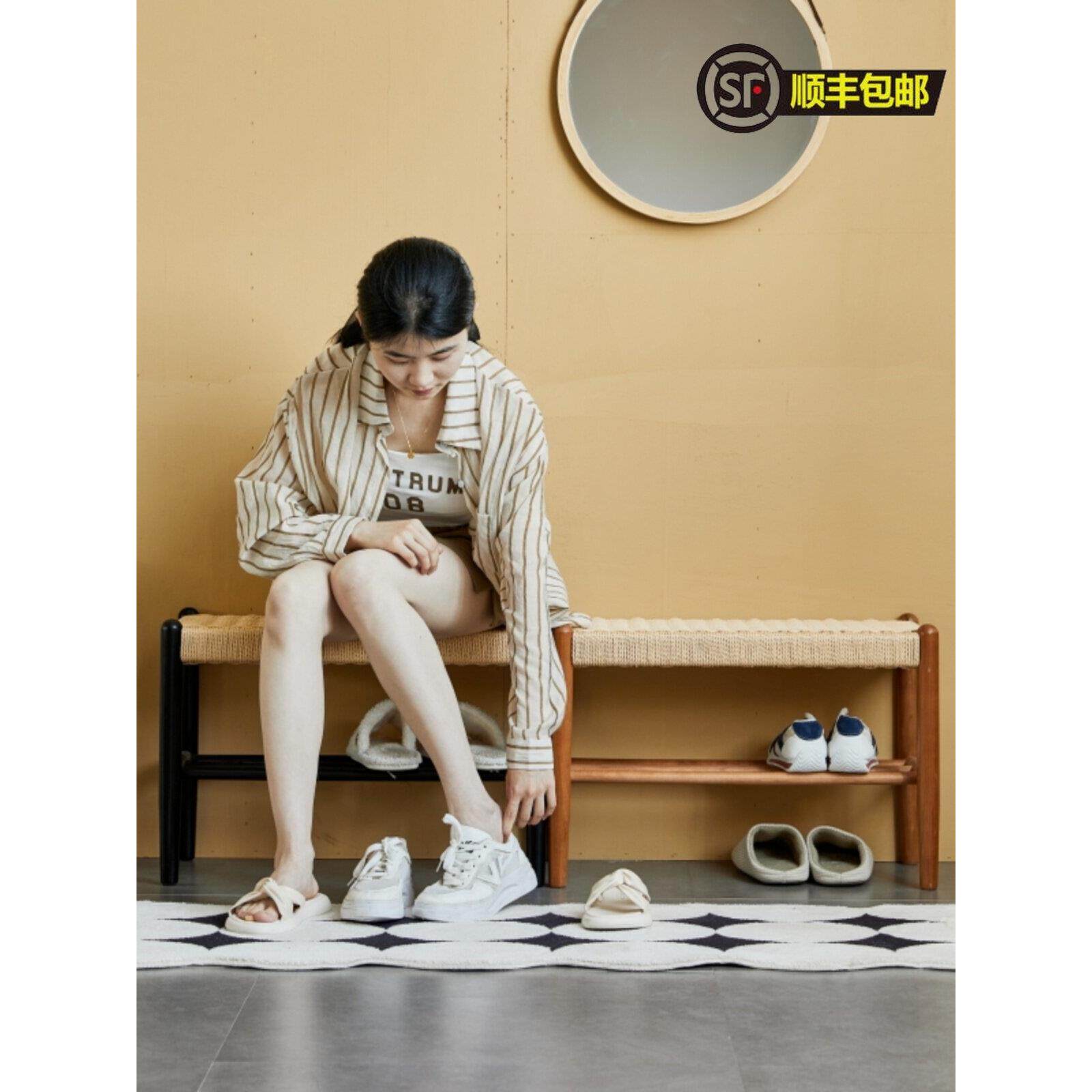 YiGe换鞋凳樱桃木实木黑胡桃木矮凳收纳凳入户门双层鞋架脚踏凳