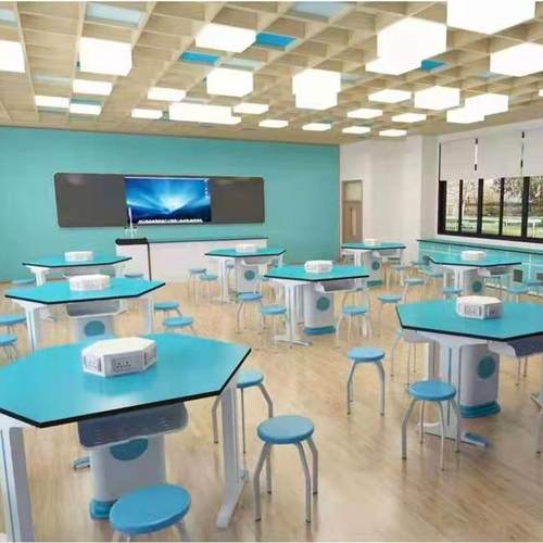 学生六边形电脑桌铝木六角科学桌学校微机室阅览室彩色拼接梯形桌