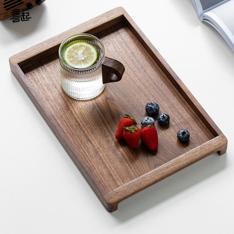 喜起黑胡桃实木托 托盘长方形 放水杯茶具咖啡中式木质托 托盘家