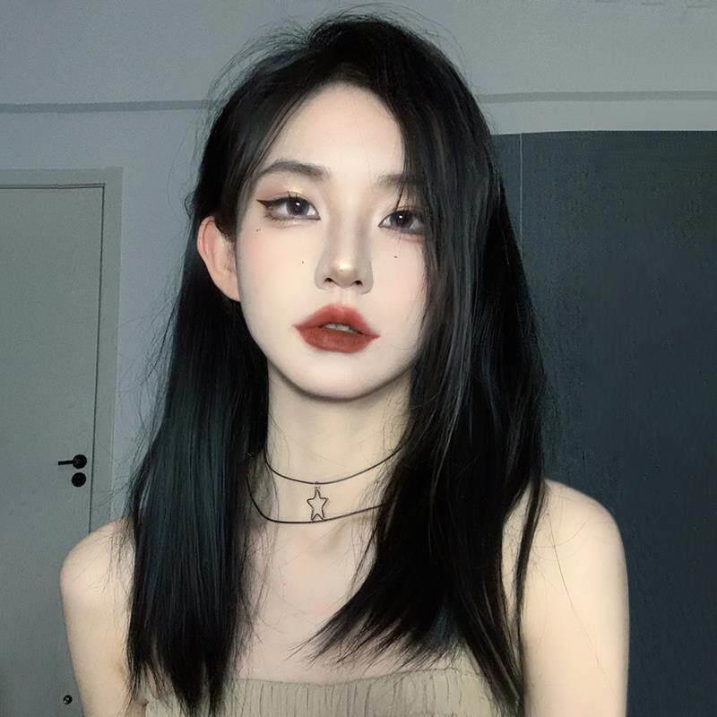 中分假发女中长发八字无浏海自然逼真长直发黑色学生减龄全头套式