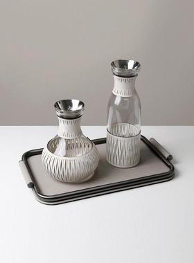 现代无障碍豪华皮革玻璃冷水壶杯集烟灰缸装饰品样板间咖啡桌装饰