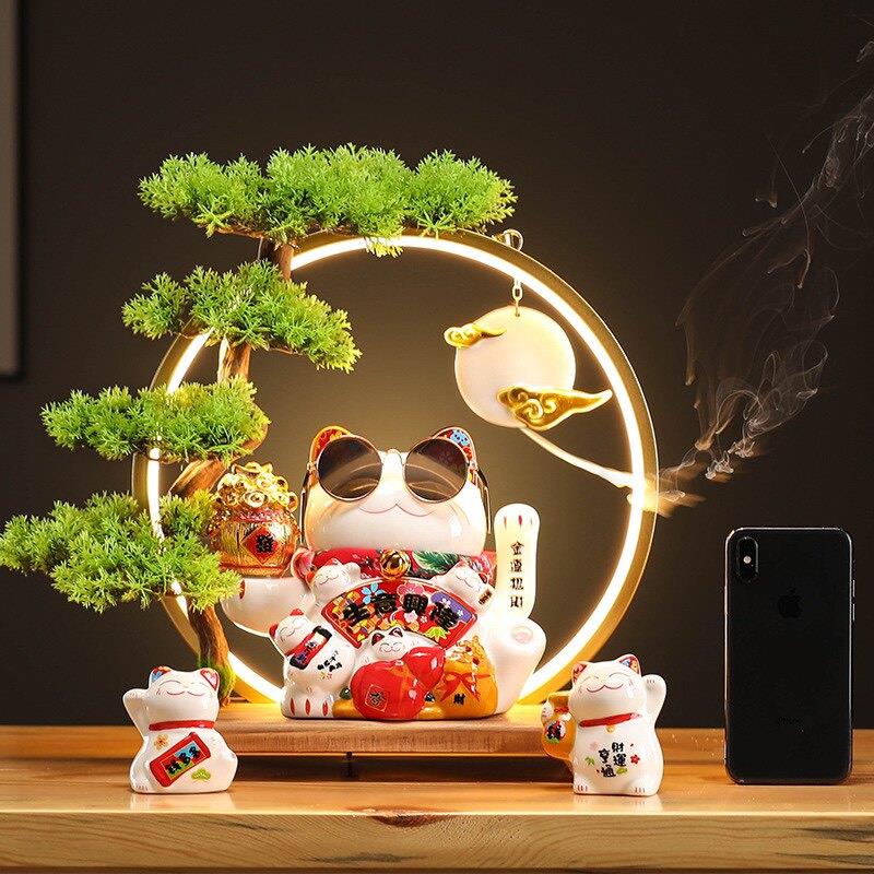 招财猫陶瓷摆件自动摇手前台收银台家居摆件开业送礼新家松柏灯圈