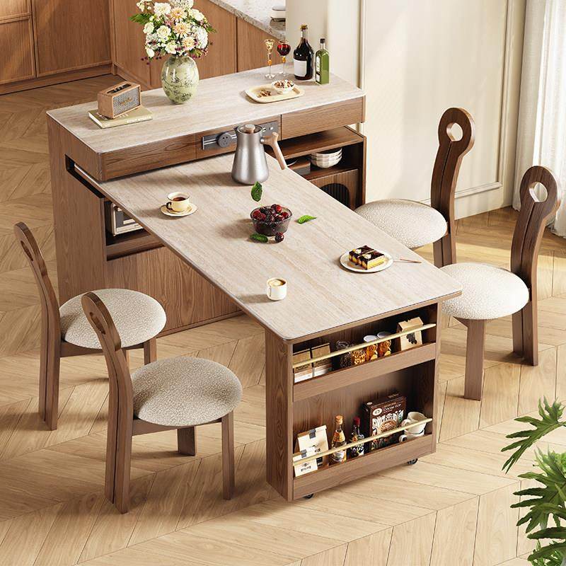 实木可伸缩岛台餐桌一体家用小户型中古风岩板旋转多功能吧台餐桌