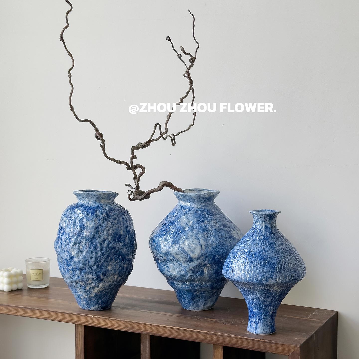 新中式景德镇手工锤纹覆古台面花瓶水培鲜花高端陶瓷摆饰客厅插花