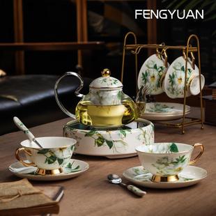 下午茶具套装 英式 家用骨瓷花茶壶玻璃茶壶蜡烛加热轻奢茶具煮茶器