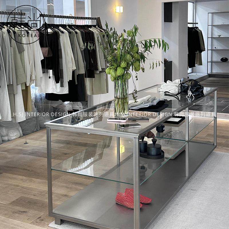 服装店不锈钢中岛台女装店流水台玻璃展示架工业风中岛陈列置物台