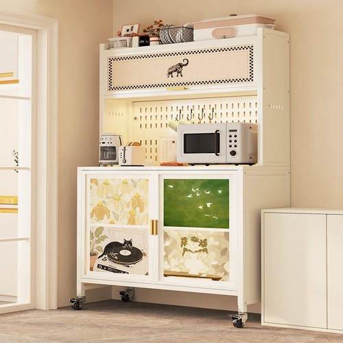 厨房置物架印花款家用餐柜多功能整体橱柜落地多层微波炉一体收纳