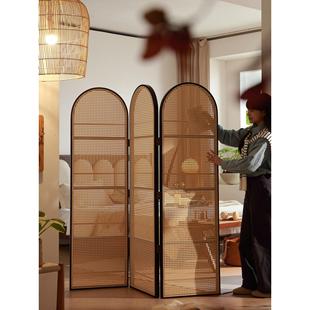 中古实木藤编屏风家用客厅小户型玄关入户隔断折叠移动花杂志书架