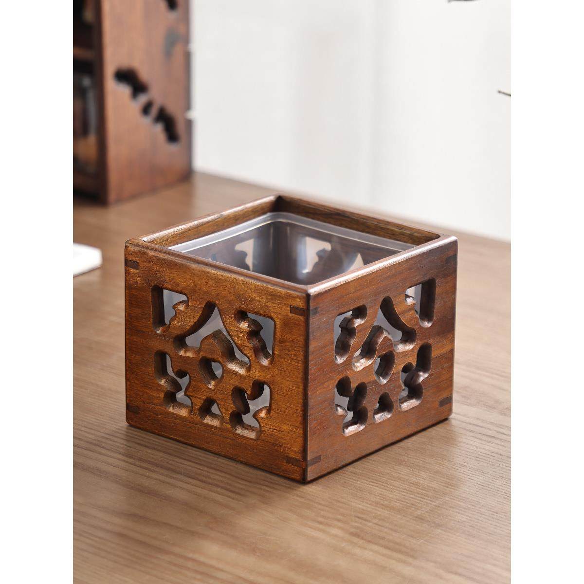 异丽复古实木客厅茶几桌上高颜值木质小垃圾盒迷你中式桌面垃圾桶