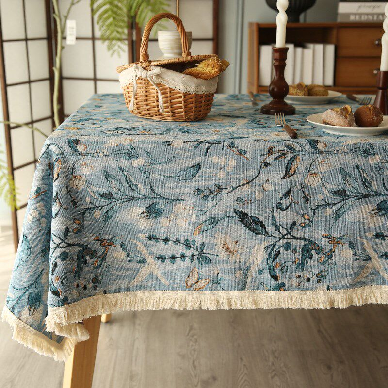 法式田园风蓝色加厚提花流苏桌布长方G形餐桌布茶几圆桌布边柜盖