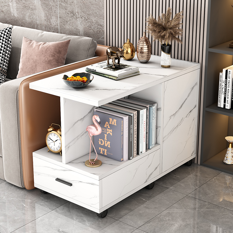 轻奢岩板沙发f边几简约客厅沙发边柜移动茶几带轮小茶桌角几储物