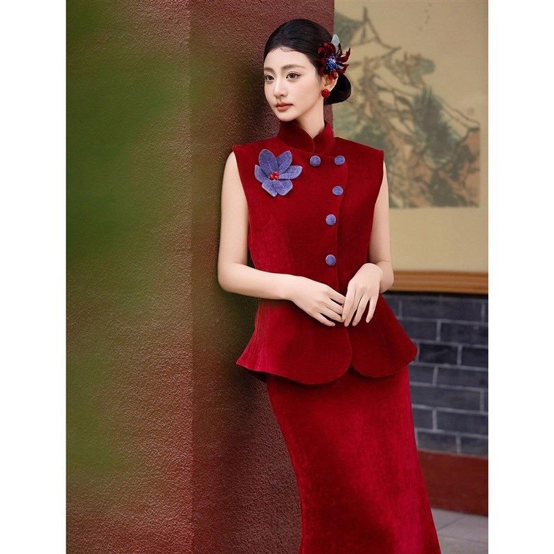 无袖新中式红色j套装订婚礼服裙女敬酒服新娘结婚旗袍晨袍回门便