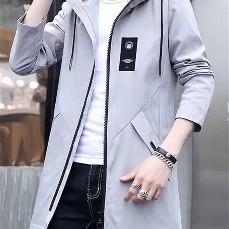 秋冬外套男加绒风衣中长款连帽夹克潮流披风韩版修身保.暖冲锋衣