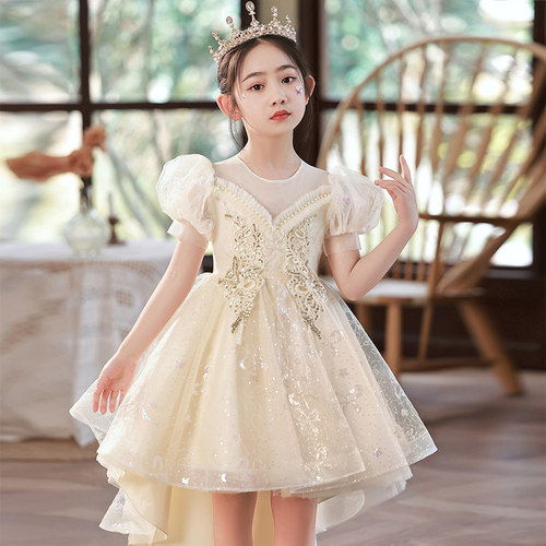 儿童拖尾a晚礼服花童公主裙女童主持人婚纱蓬蓬纱女孩钢琴演出服