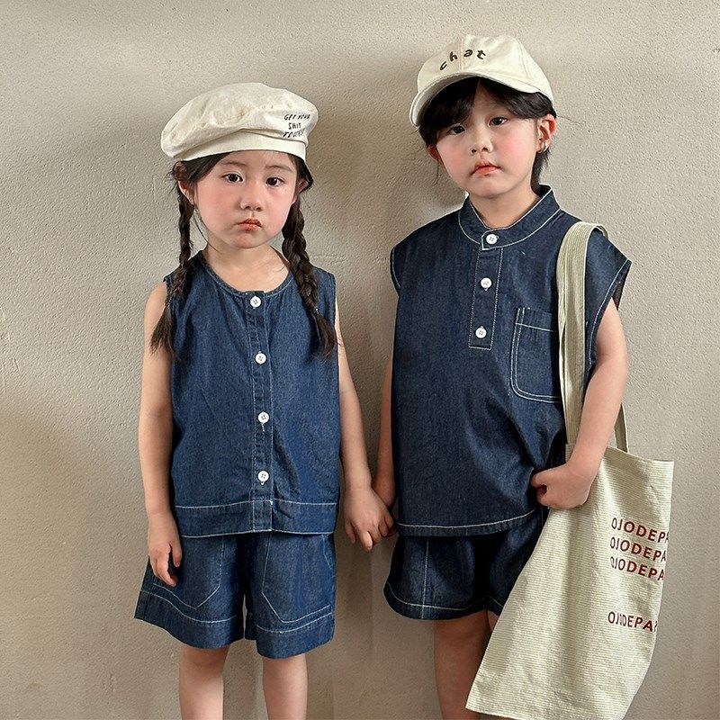 儿童夏季牛仔套装女童2024新款休闲宝宝衣服男童背心短裤兄妹夏装