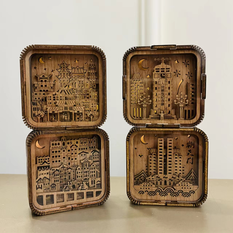 重庆木雕刻立体镂空冰箱贴出差商务会议礼物创意洪崖洞景点纪念品