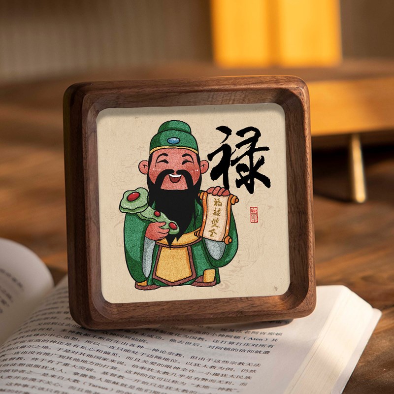 五路财神爷书法字画摆台方形摆件实木相框桌面摆画祝福词可定制
