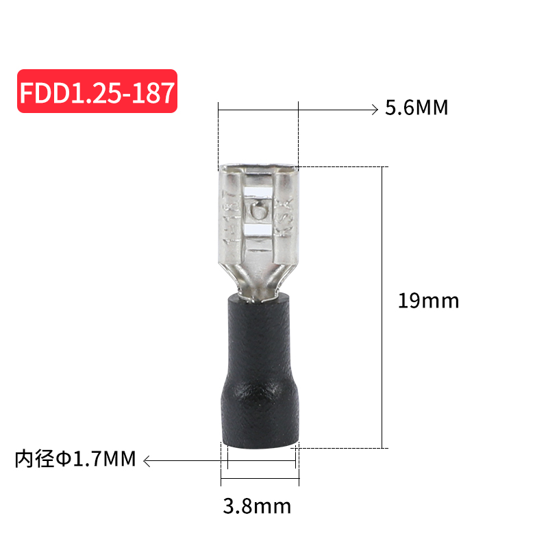 FDD1.25-187母预绝缘接线耳端子4.8插簧插片冷压接线端子头1000只