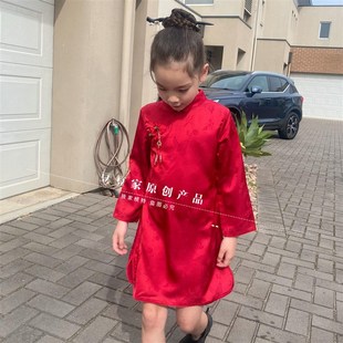 民国风儿童春秋季旗袍连衣裙长袖唐装高级感提花安哥拉红女童旗袍