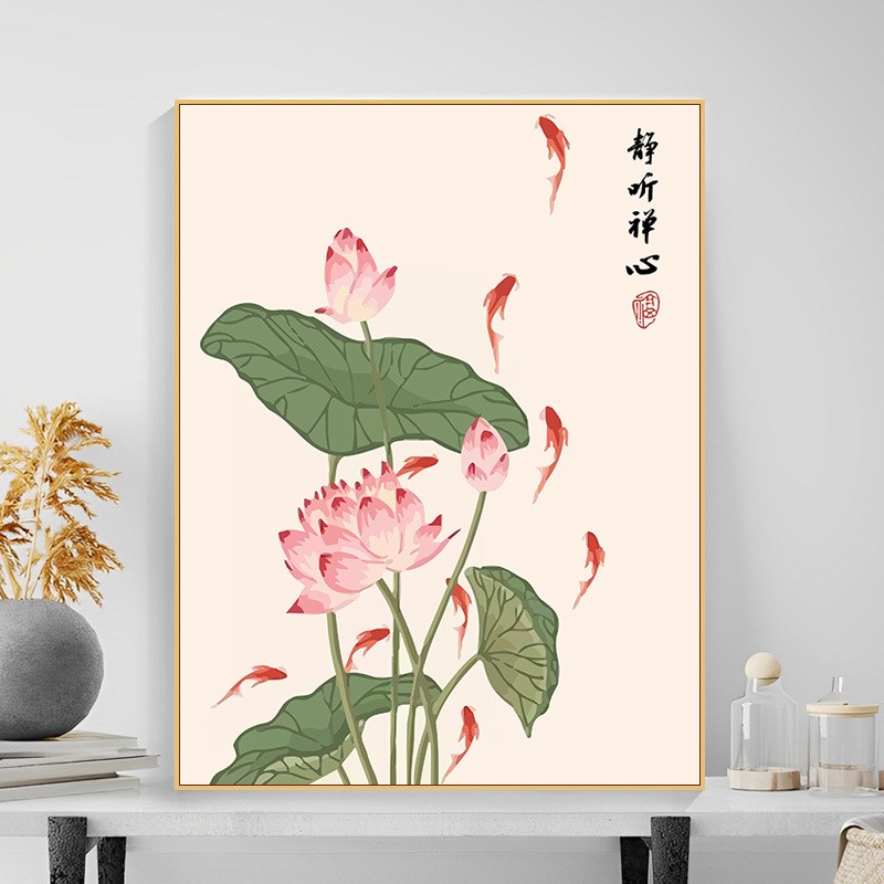 荷花diy数字油画荷韵新中式客厅卧室唯美装饰画年年有鱼填色挂画图片